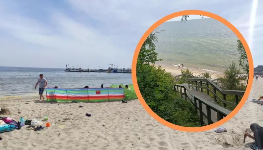 Piękny dzień na plaży w Mechelinkach. Słońce, morze i drewniane schody prowadzące do wody. Co za widok Mechelinki!
