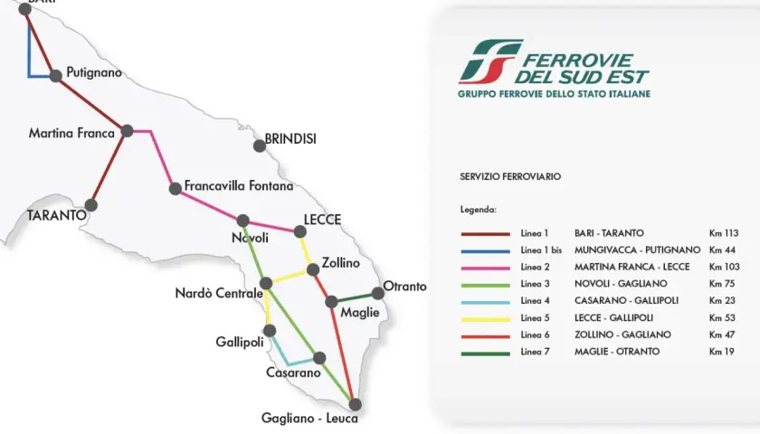 Map showing train routes in Puglia, Italy. Discover how to get to Puglia by train, with lines connecting Bari, Taranto, Lecce, and other towns.