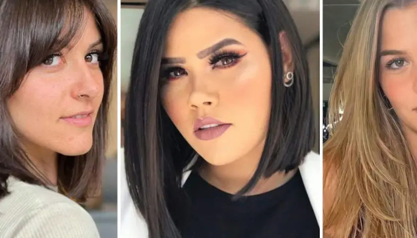 Tres mujeres con diferentes cortes de pelo, ideales como cortes de pelo para cara redonda: bob asimétrico, melena con capas y flequillo.