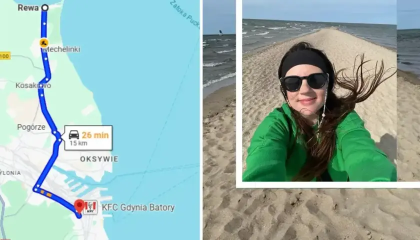 Mapa pokazuje trasę do Rewy, gdzie czekają atrakcje. Kobieta cieszy się spacerem po piaszczystej mierzei.