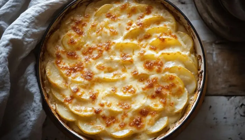 Un gratin dauphinois cuisson lente, aux pommes de terre fines et crémeuses, doré à souhait. Un délice réconfortant.
