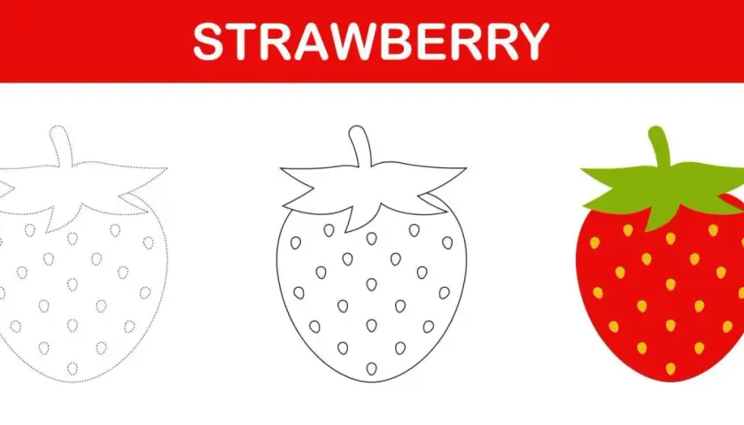 Fresa para colorear: una imagen con tres fresas, una punteada, otra delineada y una roja con semillas.