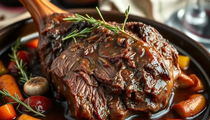 Un savoureux jarret de grillade, tendre et juteux, servi avec des carottes et des herbes aromatiques.