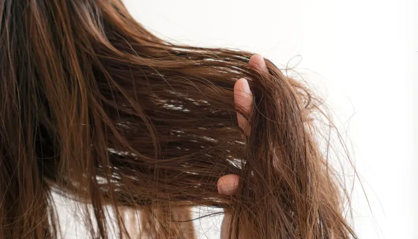 Braune Haare, die sich strohig und trocken anfühlen, werden von einer Hand durchkämmt.