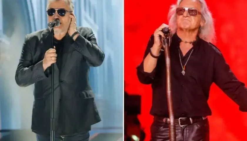 Dwóch rockmanów na scenie. Jeden śpiewa "Perfect nie płacz Ewka tekst", drugi z długimi włosami i w skórzanych spodniach.