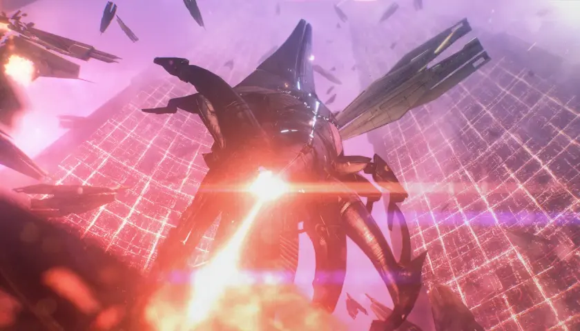Ogromny statek wroga na tle sieci energetycznej, otoczony mniejszymi jednostkami. Scena przypomina jedno z **mass effect 3 zakończenia**.