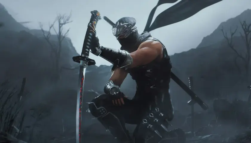 Ryu Hayabusa z Ninja Gaiden Black na Xbox, klęczący z mieczem w dłoni, w mrocznym, mglistym krajobrazie.