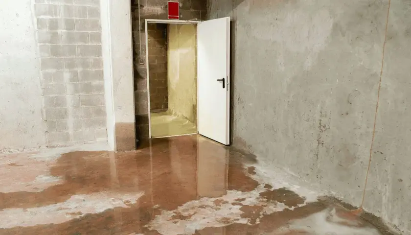 Wasser steht auf dem Boden eines Kellers, da die **Drainage verstopft** ist. Eine offene Tür führt in einen dunkleren Raum.