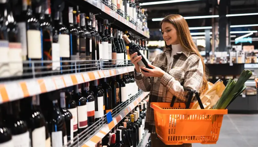 Kobieta wybiera wino w sklepie. To przykład tego, czym jest retail – sprzedaż detaliczna produktów.