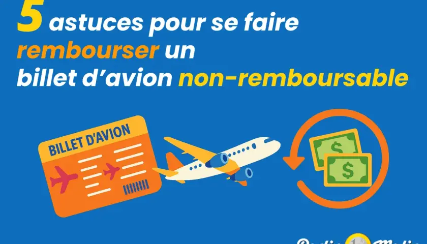 5 astuces pour se faire rembourser un billet d'avion non-remboursable, même en cas de commande annulée. Illustration d'un billet, avion et argent.