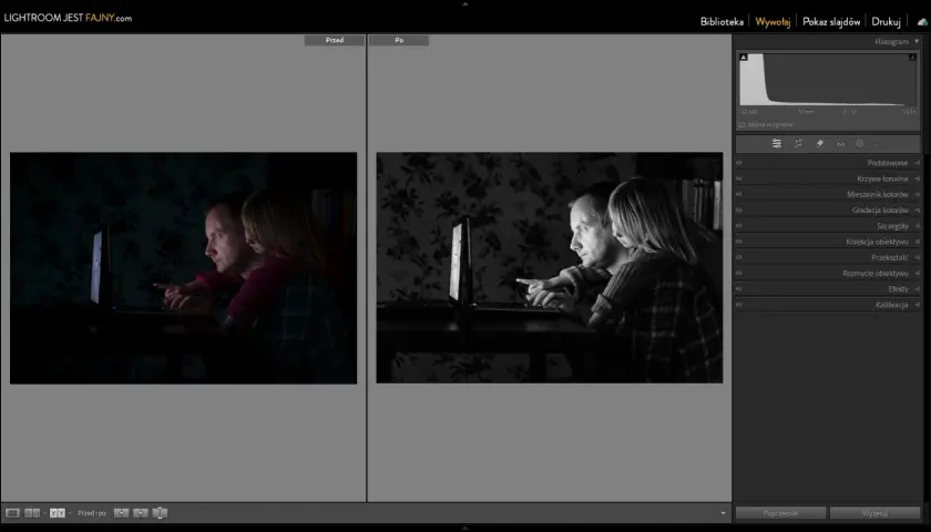 Porównanie zdjęć: surowe (raw) vs. JPEG. Ojciec z córką patrzą na ekran laptopa. Po prawej stronie widać poprawiony obraz.