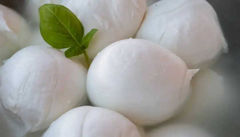 Kulki mozzarelli w wodzie, jedna z listkiem bazylii. Czy ser mozzarella jest tłusty? Zależy od rodzaju, ale ten wygląda apetycznie.