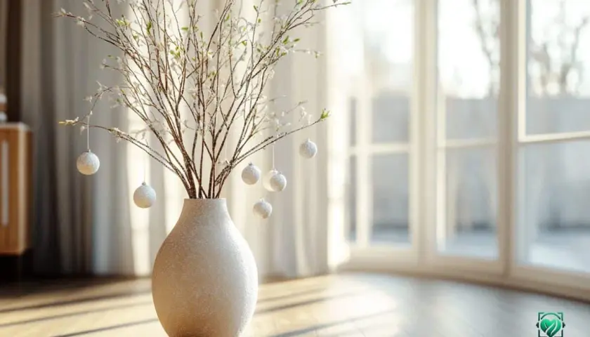 Eine Bodenvase wird mit zarten Zweigen und kleinen, glitzernden Kugeln dekoriert. Das Arrangement steht im warmen Licht eines Fensters.