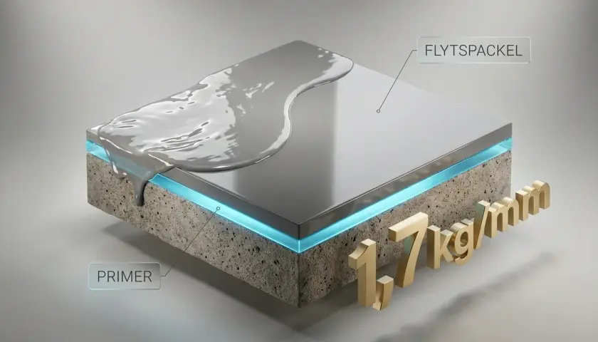 Flytspackla golv: en skiktad vy visar primer, flytspackel och en yta. 1,7 kg/mm.