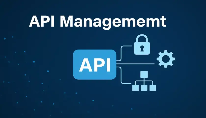 Gestion d'API : un bloc "API" connecté à un cadenas, une roue dentée et une structure hiérarchique, illustrant la sécurité et l'efficacité, comme avec l'api microsoft.