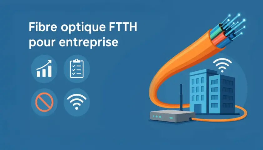 Fibre optique FTTH pour entreprise : une connexion rapide et fiable. Icônes : graphique, liste, interdiction, Wi-Fi.