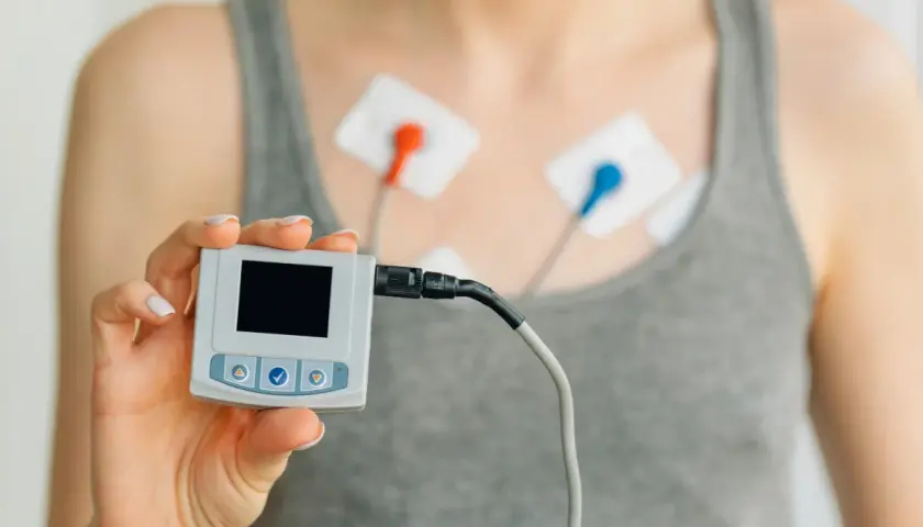 Holter co to? Urządzenie do monitorowania pracy serca z elektrodami na klatce piersiowej i małym rejestratorem w dłoni.