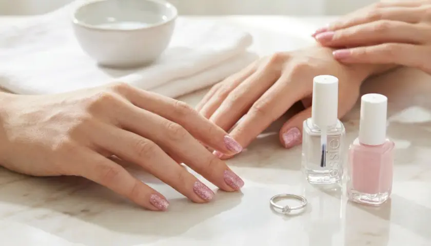 Två händer med glittriga rosa naglar, bredvid flaskor med snabbtorkande nagellack och en ring.