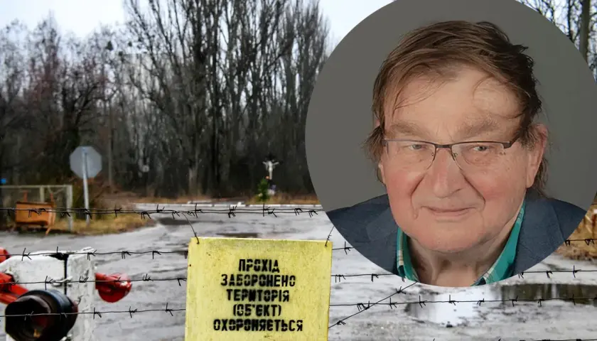 Znak "Przejście zabronione" na tle drutów kolczastych i portret mężczyzny.