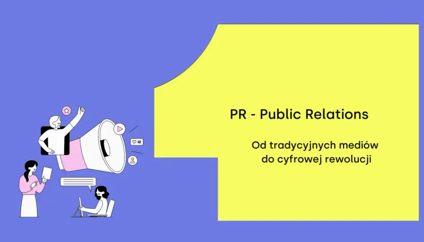Grafika ilustruje, jak public relations polega na promocji. Postacie komunikują się za pomocą mediów społecznościowych i tradycyjnych narzędzi.