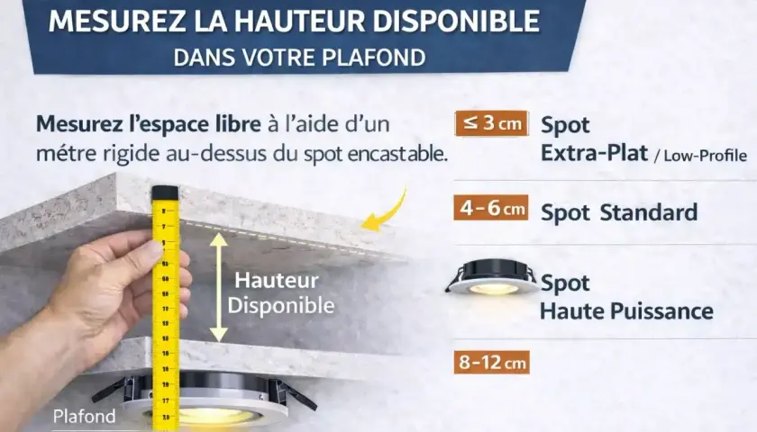 Mesure de la hauteur disponible pour choisir la taille spot encastrable. Un mètre mesure l'espace au-dessus d'un luminaire.