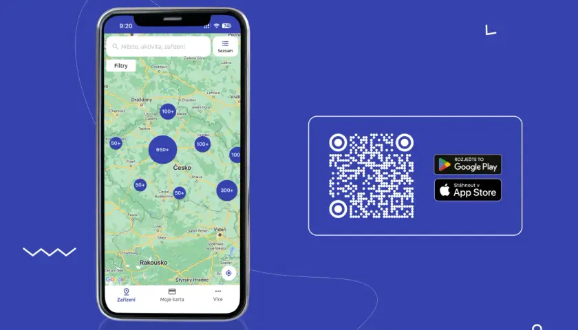 Telefon z aplikacją mapy pokazującą lokalizacje z liczbami, obok kod QR i przyciski pobierania aplikacji.