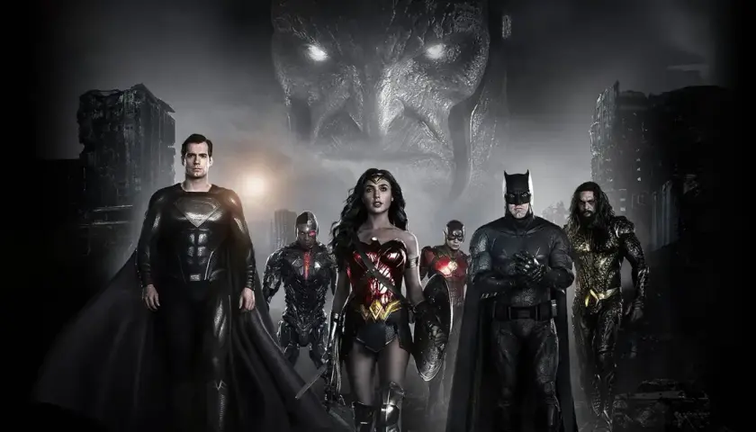 La Justice League, menée par Superman, se dresse face à Darkseid dans ce film dcu. Batman, Wonder Woman, Cyborg, Flash et Aquaman sont prêts au combat.