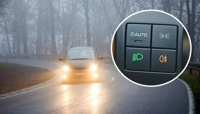 Mglisty dzień, auto na drodze. Widać przyciski do włączania świateł, w tym jak się włącza światła przeciwmgielne (pomarańczowa ikonka).