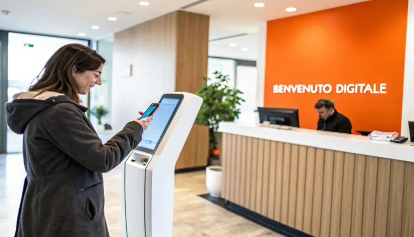 Donna usa smartphone per self check-in appartamenti in un'area accogliente con scritta "Benvenuto Digitale".
