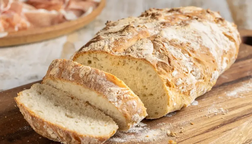 Pane fatto in casa, croccante fuori e soffice dentro, tagliato su un tagliere di legno. Sullo sfondo, un piatto di affettati.