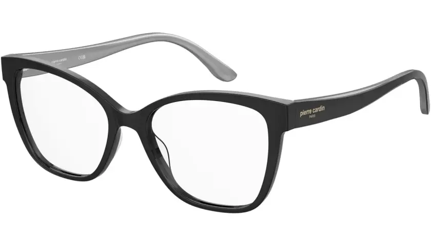 Eleganckie okulary korekcyjne Pierre Cardin w czarnej oprawie z szarymi zausznikami.
