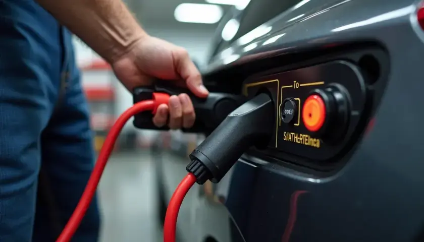 Ręka podłącza ładowarkę do samochodu elektrycznego, by naładować akumulator rozładowany do zera.