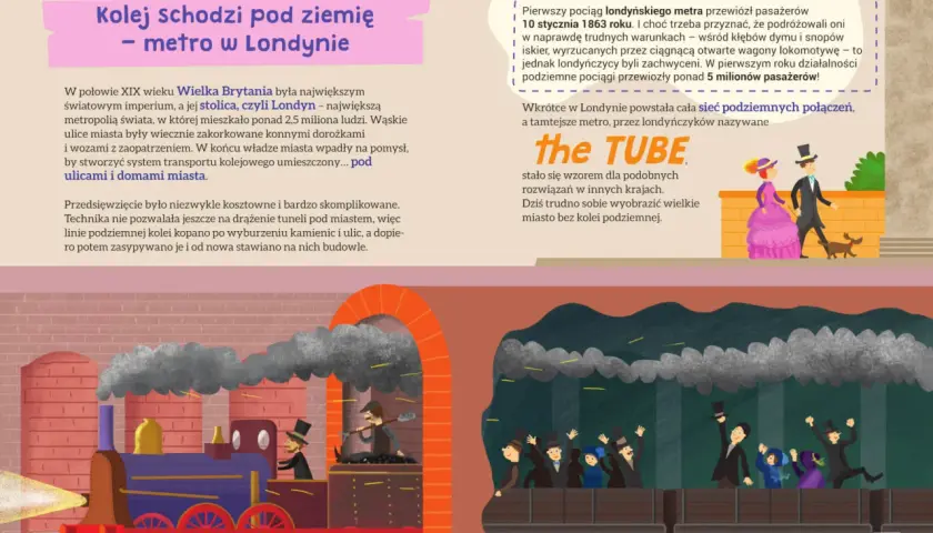 Ilustracja przedstawia parowy pociąg, symbolizujący początki napędu pojazdów szynowych w Londynie.