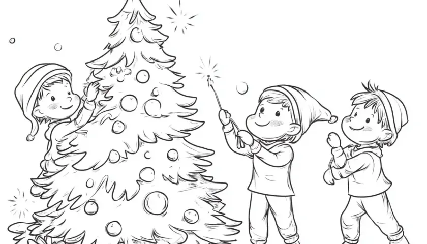Drei Kinder schmücken einen Weihnachtsbaum mit Kugeln und Wunderkerzen.