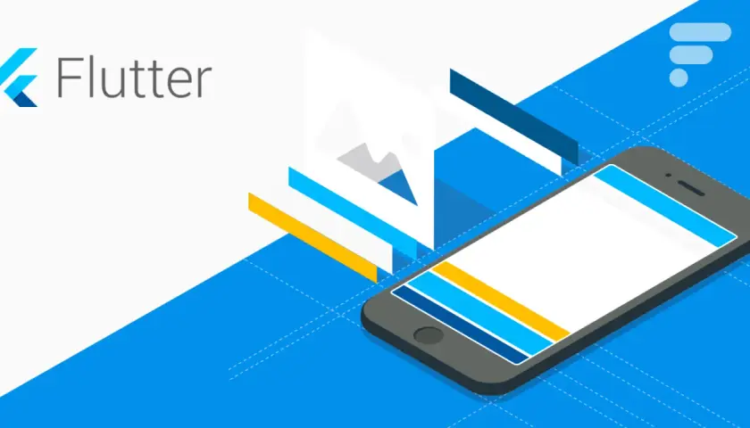 Le logo Flutter et un smartphone affichant une interface colorée, symbolisant le développement d'applications avec ce langage.