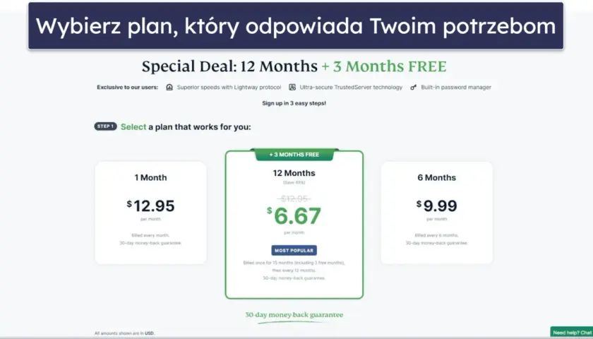 Porównanie cen VPN: 1 miesiąc za $12.95, 6 miesięcy za $9.99/mies., 12 miesięcy + 3 gratis za $6.67/mies.