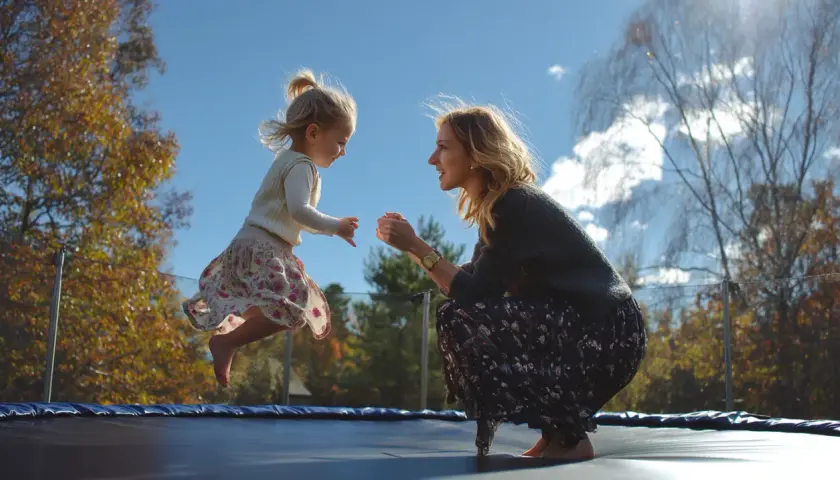 Matka i dziecko skaczą na trampolinie w słoneczny dzień.
