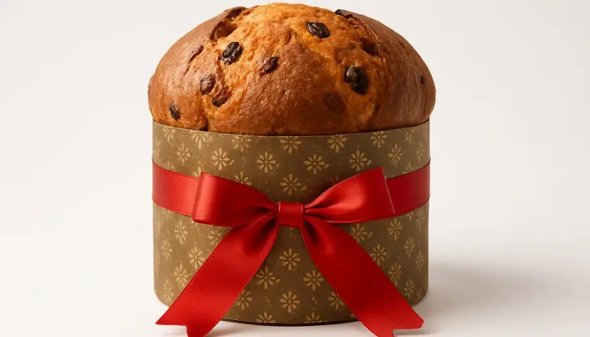 Panettone w ozdobnym pudełku z czerwoną wstążką. Idealny na prezent, a może to Twój panettone przepis?