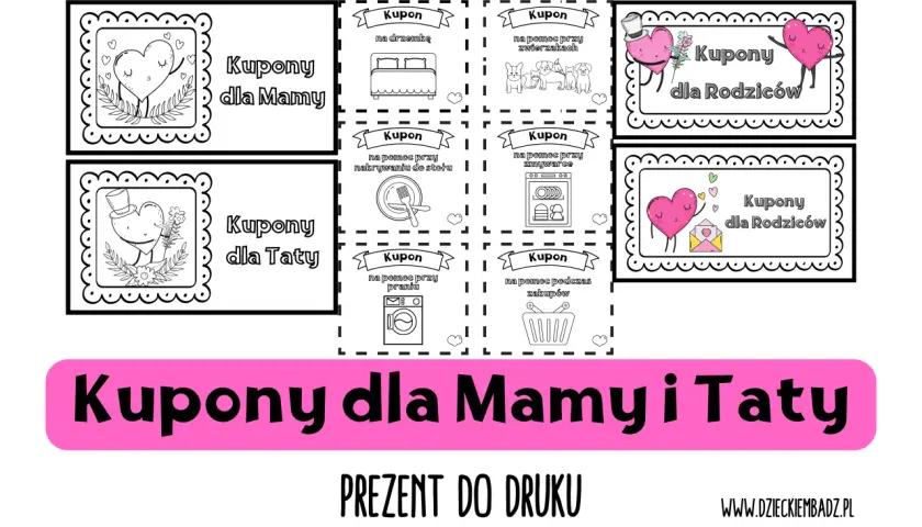 Zestaw kuponów dla mamy i taty do druku. Zawiera kupony na pomoc w obowiązkach domowych, opiekę nad zwierzakami i inne.