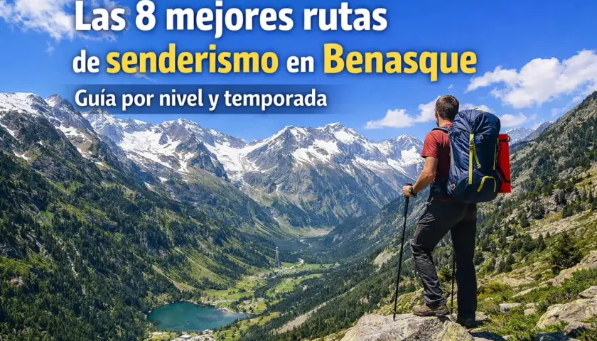 Un excursionista contempla un valle alpino con un lago y picos nevados, listo para explorar las mejores rutas de senderismo en Benasque.