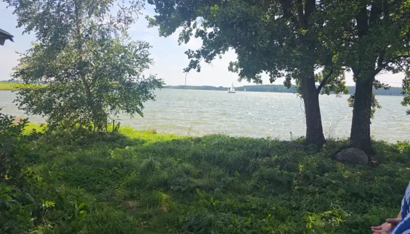 Idealne miejsce pod przyczepę kempingową nad jeziorem. Słońce odbija się od fal, żaglówki płyną po wodzie, a drzewa dają cień.