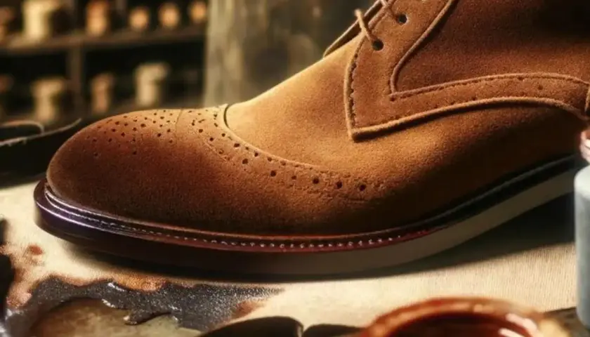 Gros plan sur une chaussure richelieu en daim marron, prête pour une teinture. Le savoir-faire artisanal est visible.