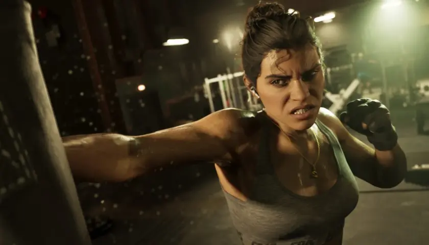 Eine entschlossene gta 6 girl trainiert im Fitnessstudio, Schweißperlen auf ihrer Haut, bereit für den nächsten Schlag.