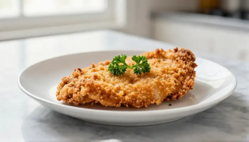 Escalope milanaise dorée et croustillante, garnie d'une touche de persil frais, prête à être dégustée.