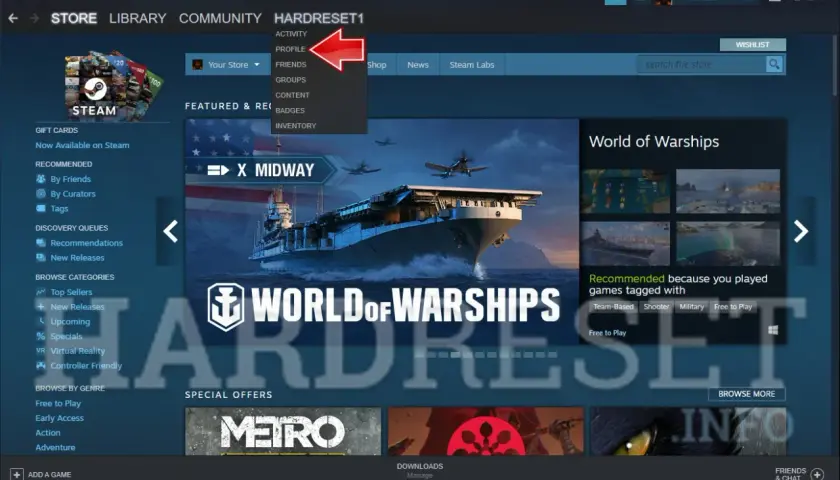 Gdzie jest link do profilu Steam? Kliknij na nazwę użytkownika, aby zobaczyć opcje, w tym profil.