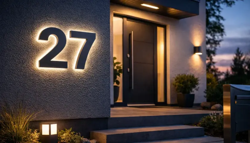 Nowoczesny **pomysł na numer domu**: podświetlane cyfry "27" na elewacji, oświetlony ganek i drzwi wejściowe.