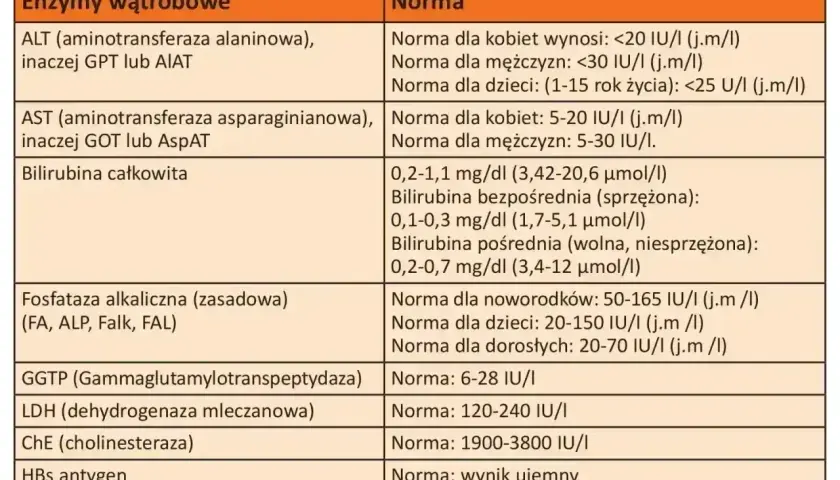 Tabela z normami badań wątrobowych: ALT, AST, bilirubina, GGTP, LDH, ChE, HBs, HCV. Co to za badanie?
