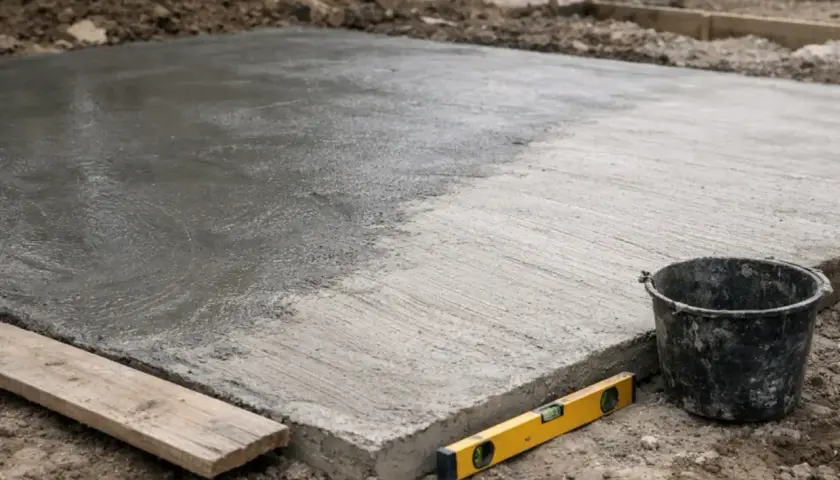 Świeżo wylany, mokry beton na placu budowy. Obok wiadro, poziomica i deska. Szybki beton to klucz do sprawnego postępu prac.