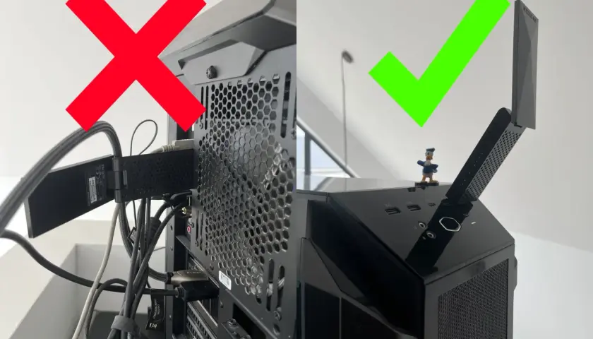Złe ustawienie anten routera (czerwony X) vs. dobre ustawienie (zielony V). Dowiedz się, jak ustawić anteny routera dla lepszego sygnału.