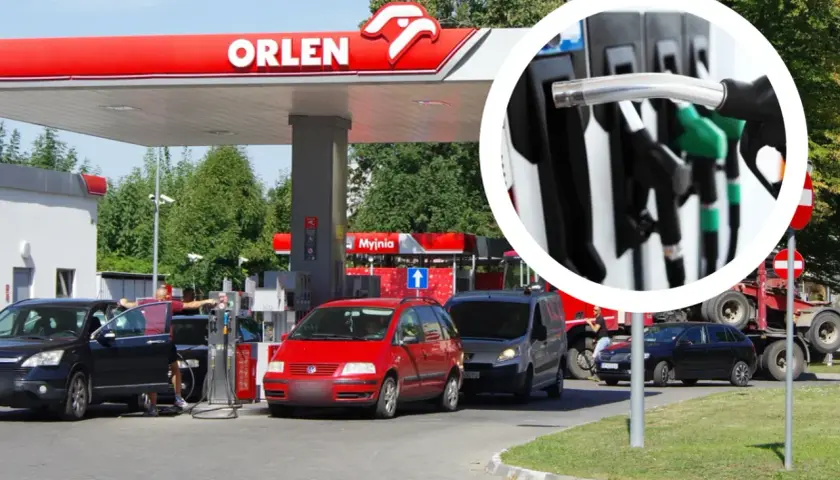 Orlen promocja na paliwo! Samochody tankują na stacji Orlen, a w kółku widać zbliżenie na dystrybutory.